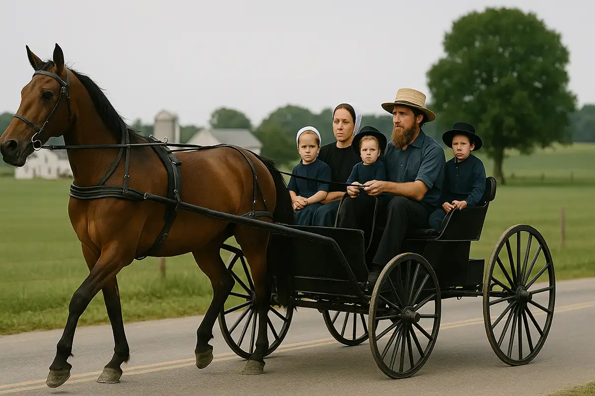 Amish familie i hestevogn